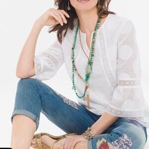 Chico's white lace-trim polka dot belle 3/4 sleeve top. Size Women's Small.